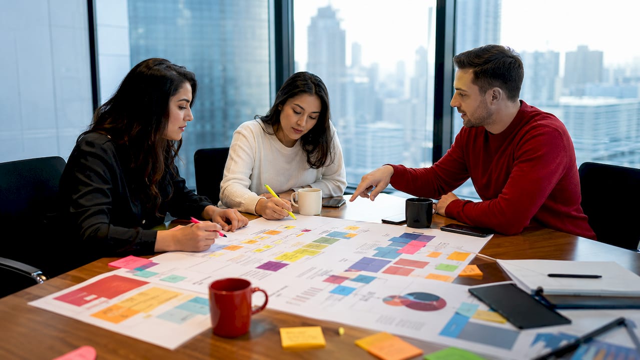 Marketing team collaborating on social commerce plan
