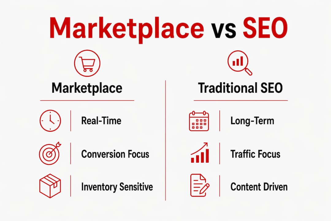 Infographic comparing marketplace algorithms and traditional SEO
