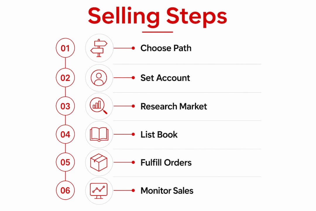 Infographic showing steps to sell books on Amazon