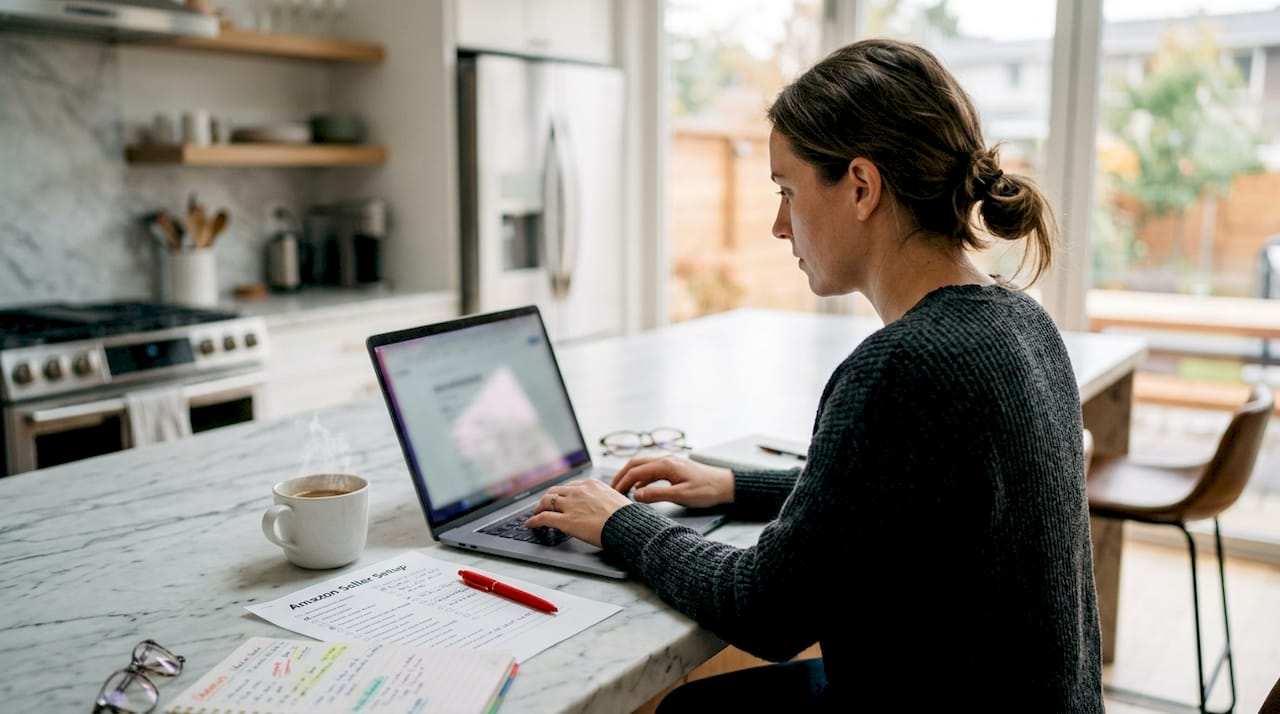 Hands typing amazon seller account registration checklist