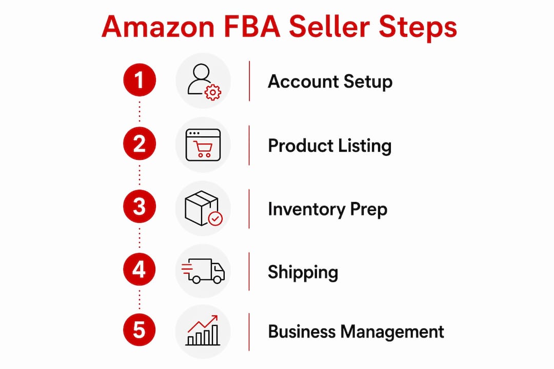 Infographic outlining key steps to start Amazon FBA selling