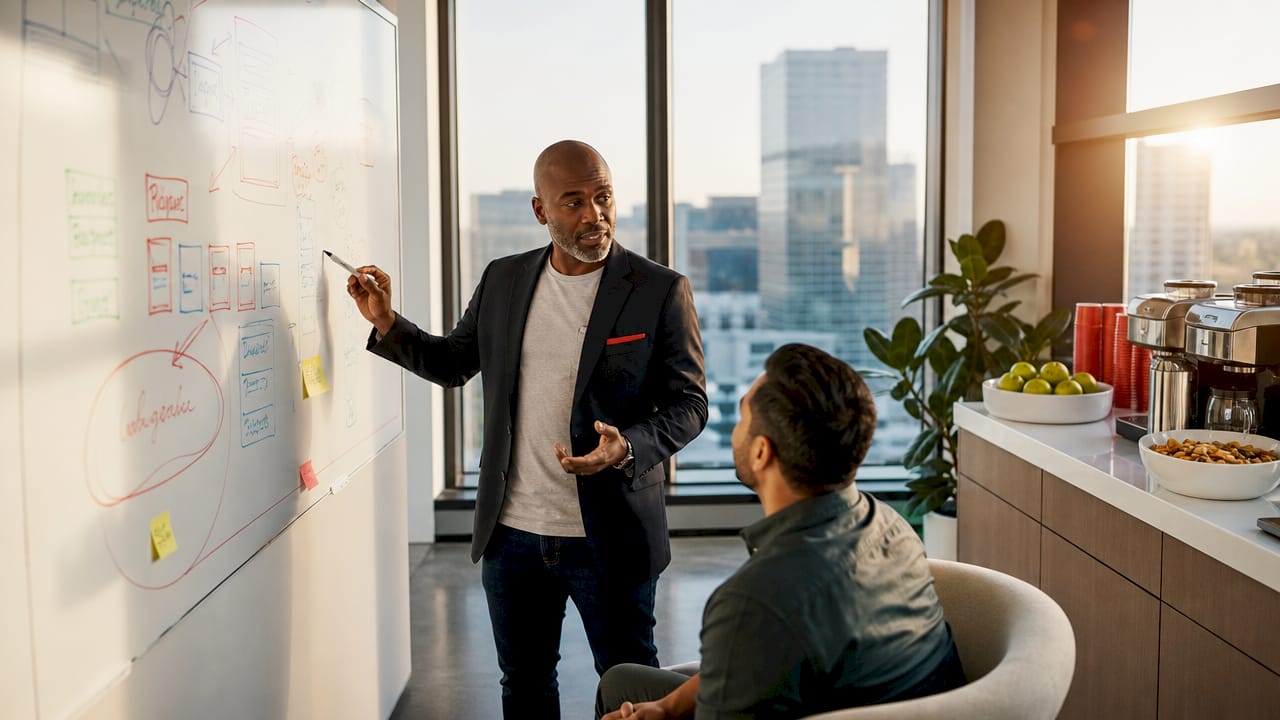 Businessman discussing video marketing ROI reports