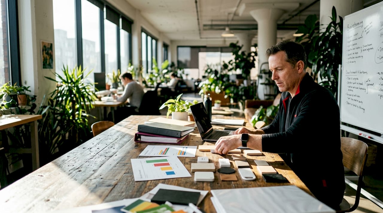 Hands organizing product samples and charts on desk