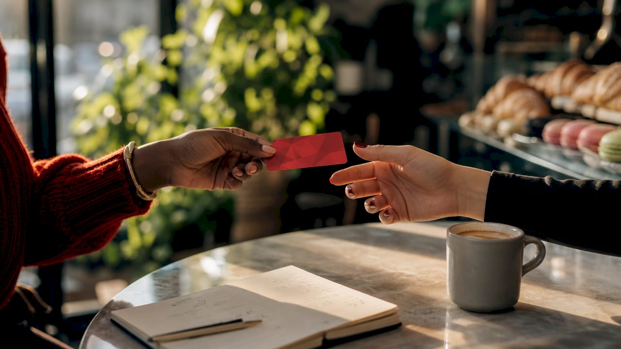 Hands exchanging loyalty rewards card in store