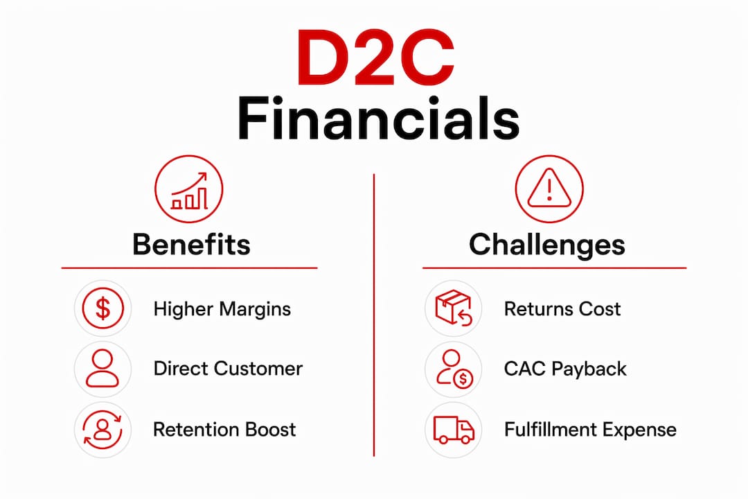Infographic comparing D2C financial benefits versus challenges