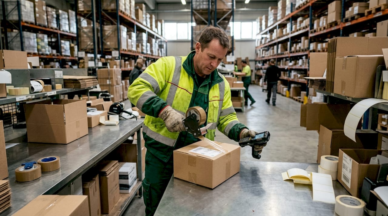 Warehouse worker packing shipment for D2C order