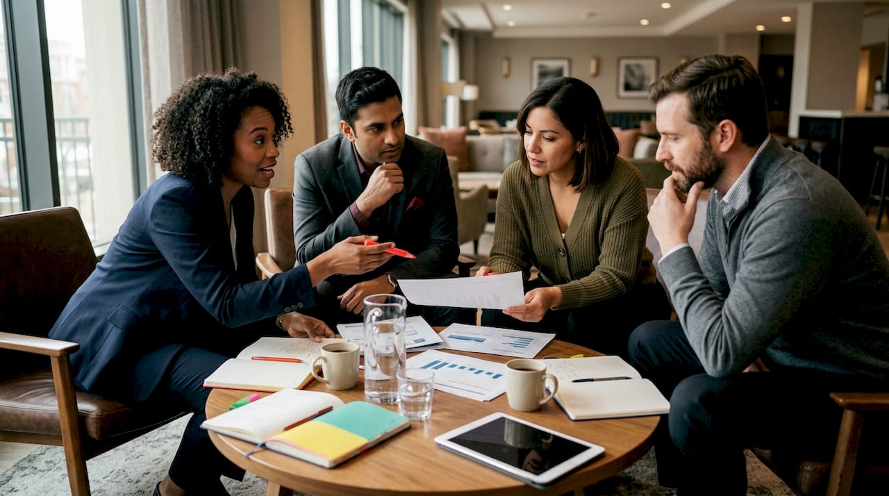 Diverse team discussing printed business data