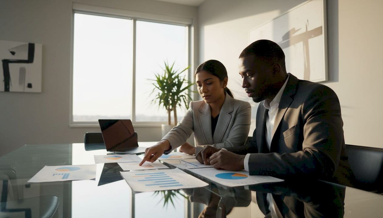 Business team discussing competitive analysis data