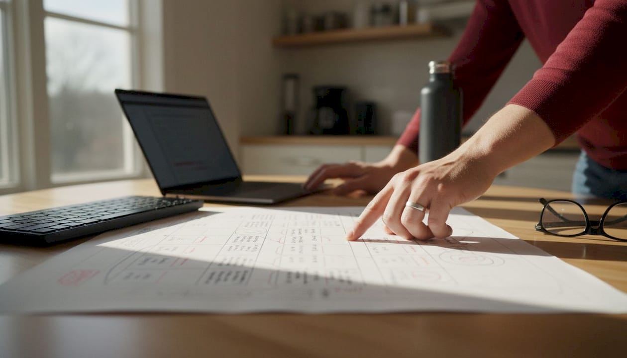 Hands typing on keyboard with email workflow chart