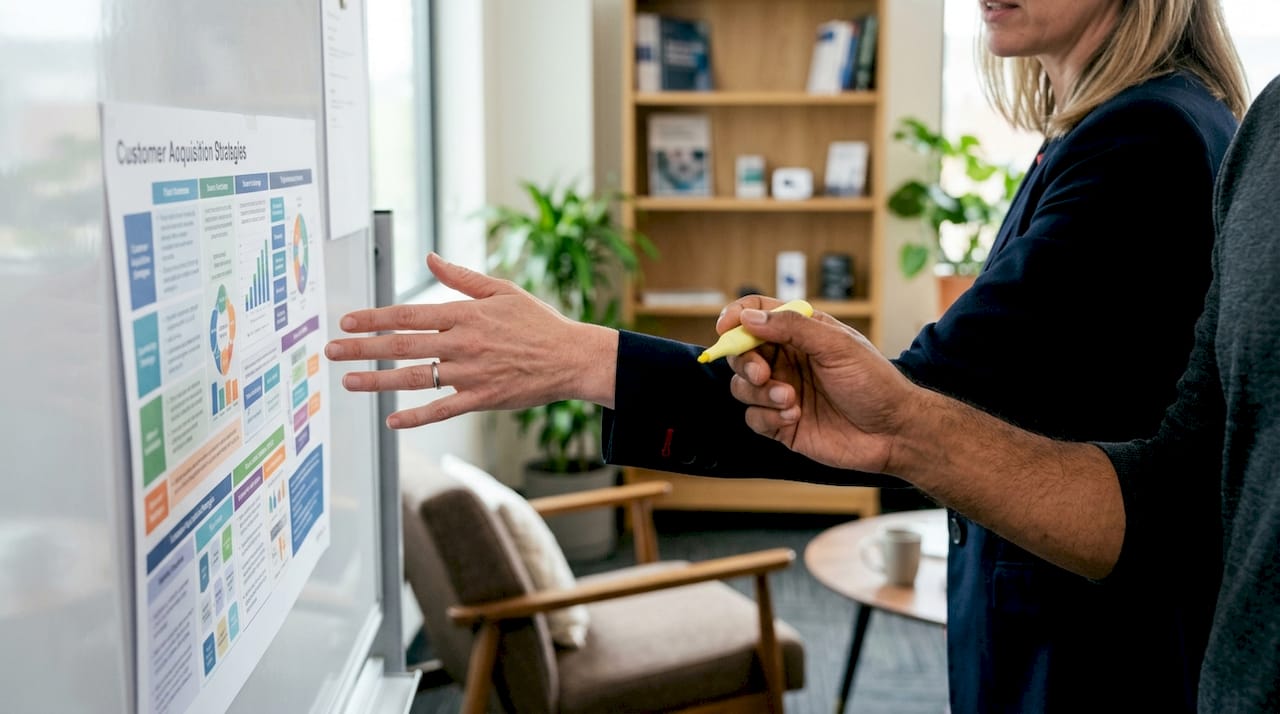 Hands discussing customer acquisition marketing channels