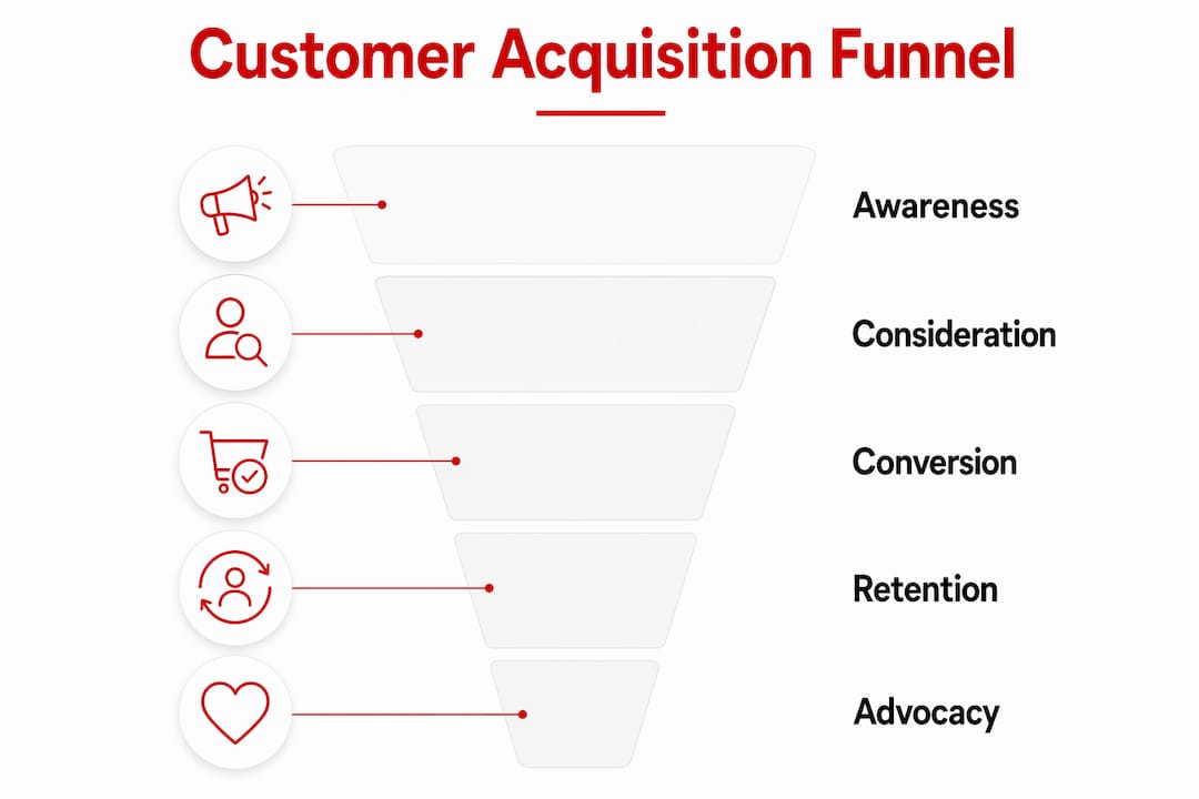 Infographic depicting stages of customer acquisition funnel