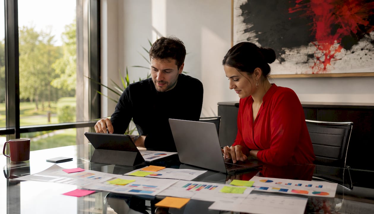 Two marketers collaborating with layered proofs