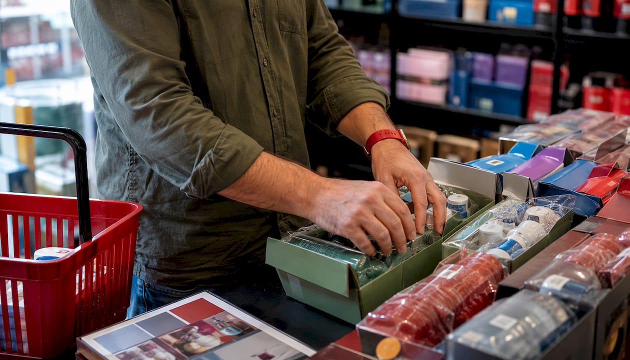 Shoppers choosing product bundles in retail store