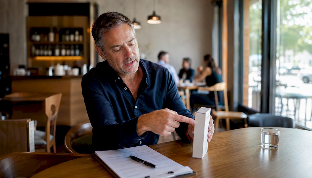 Founder examining product sample in co-manufacturer meeting