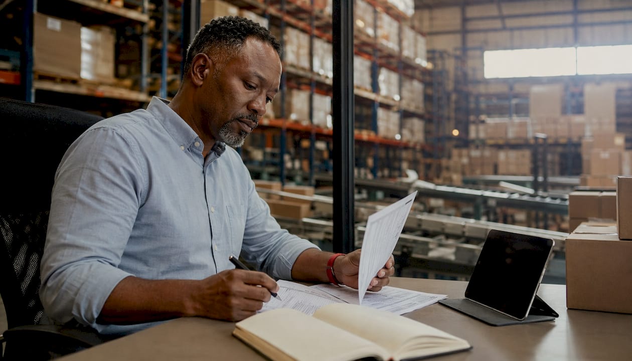 Warehouse manager reviewing fulfillment spreadsheets