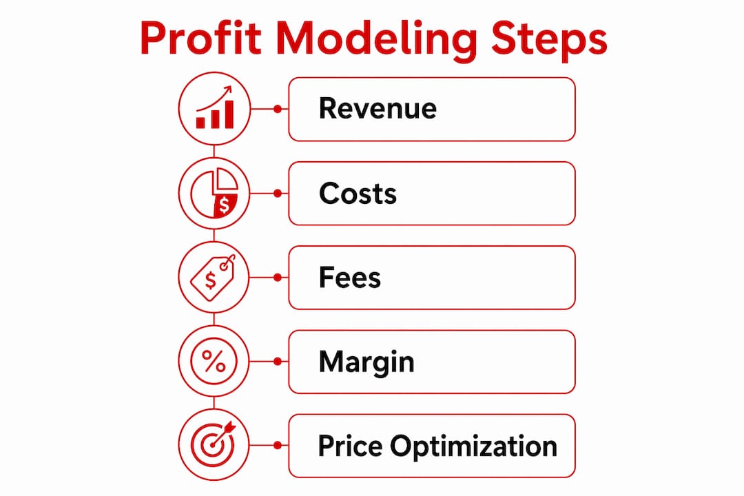 Infographic depicting steps for profit modeling on Amazon