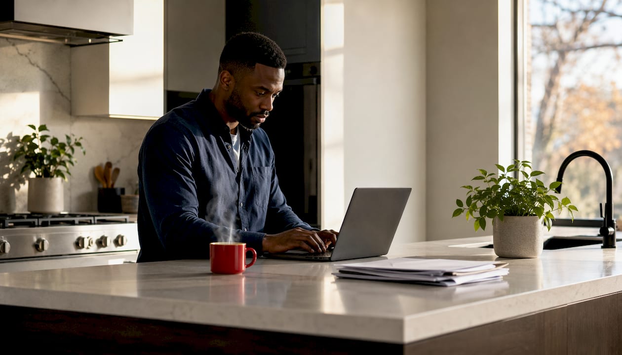 Hands typing on laptop in home office