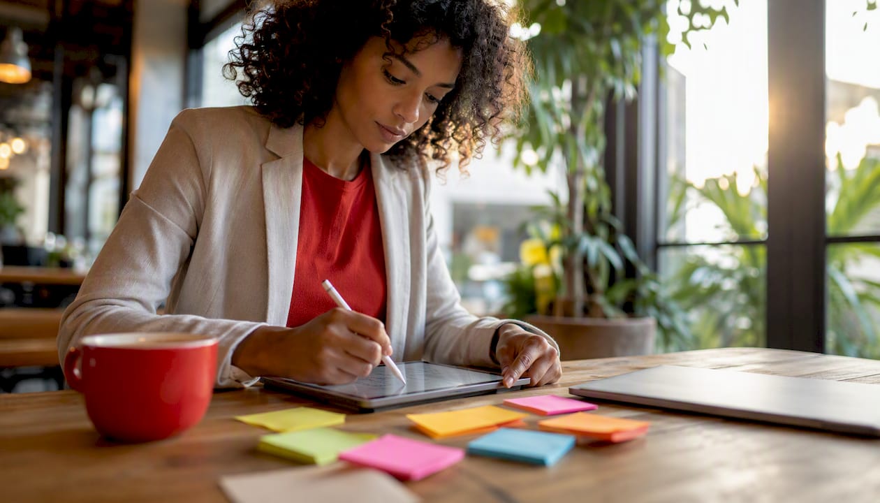 Marketing strategist writing campaign plan at desk