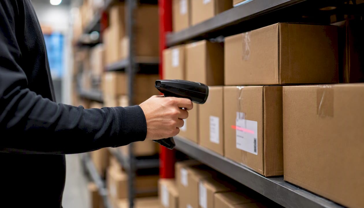 Hand scanning inventory labels in warehouse