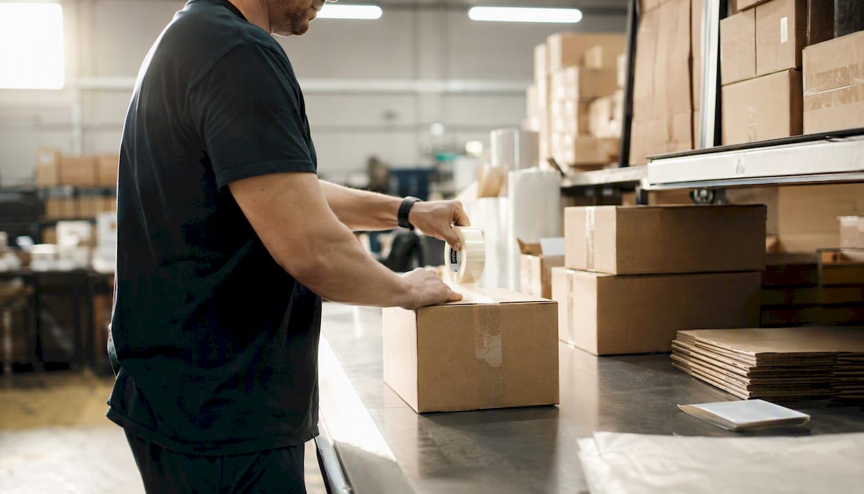 Hands packing boxes in fulfillment area