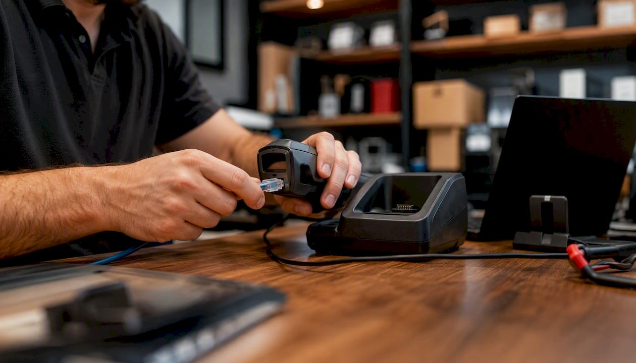 Hands connecting retail inventory devices
