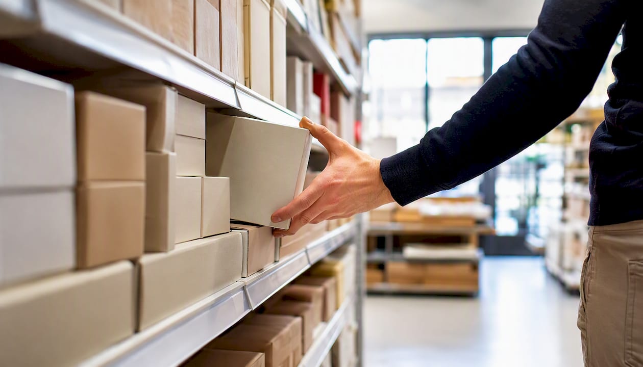 Hand reaching for anonymous product on retail shelf