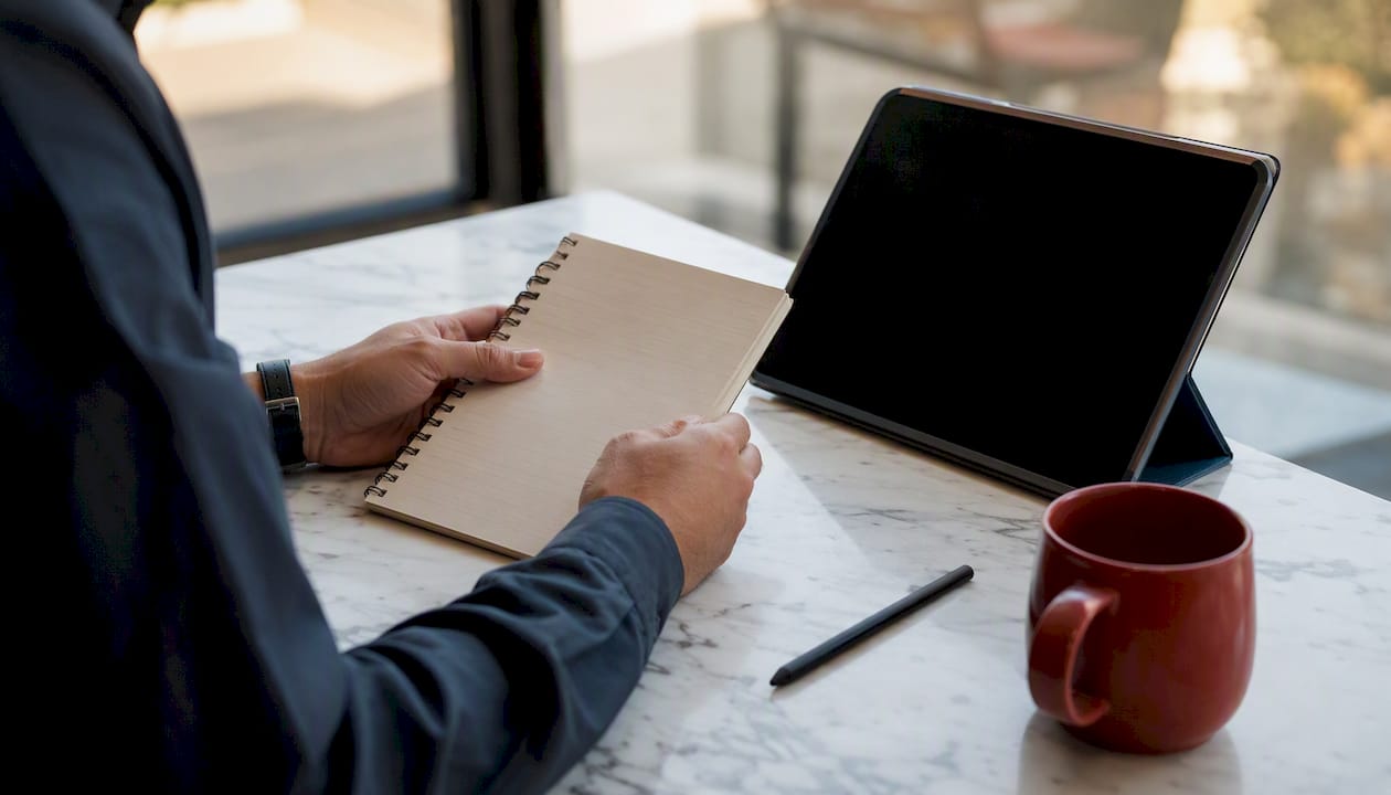 Hands inspecting tablet with magnifying glass