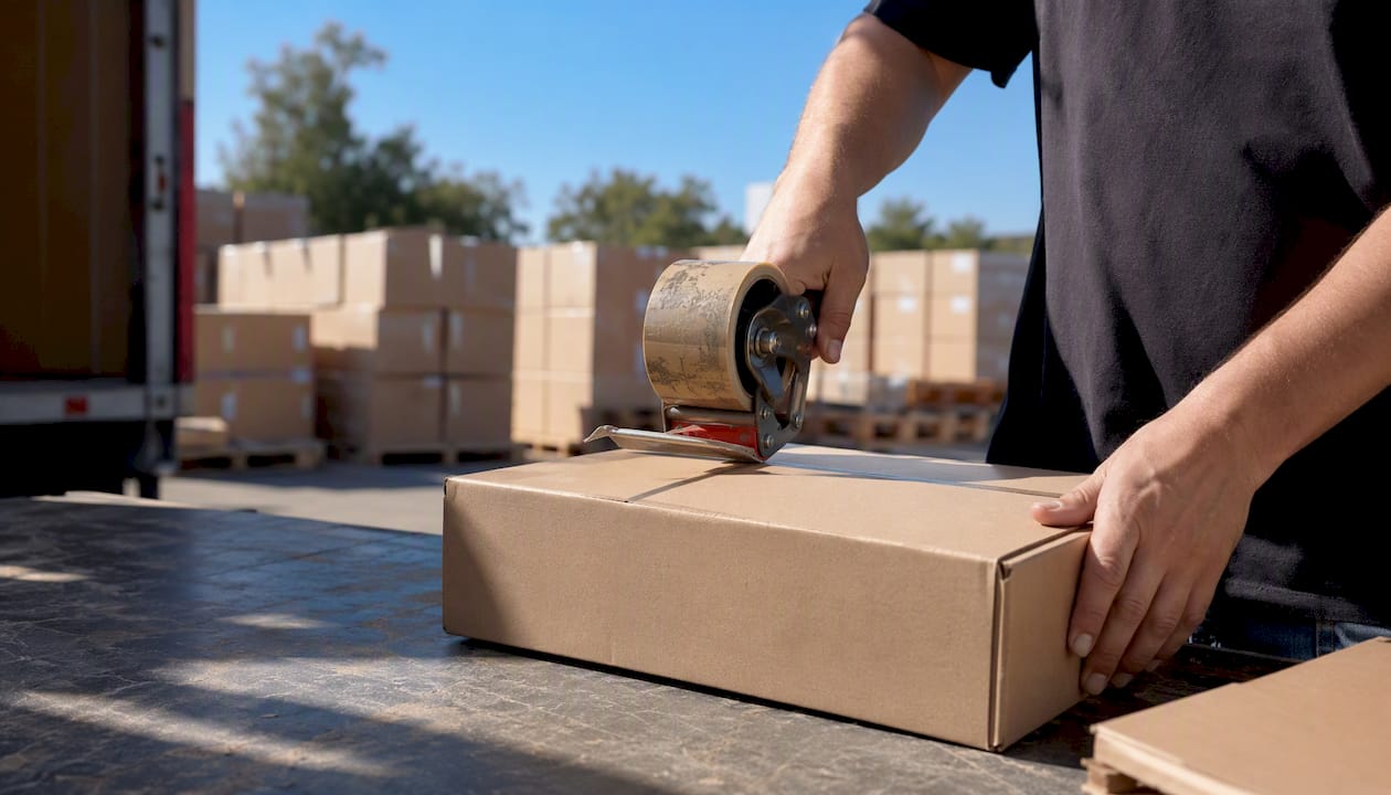 Hands taping a box in warehouse