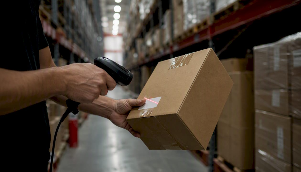 Hands scanning box barcode in warehouse