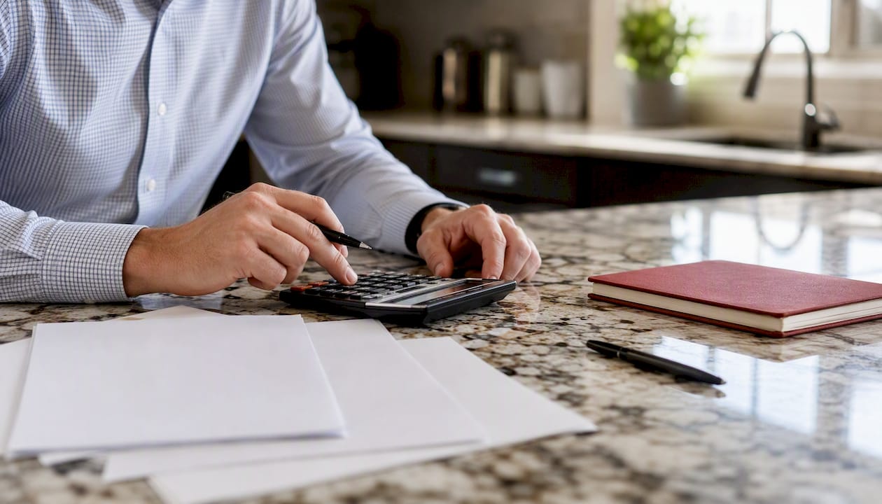 Hands using calculator with financial papers