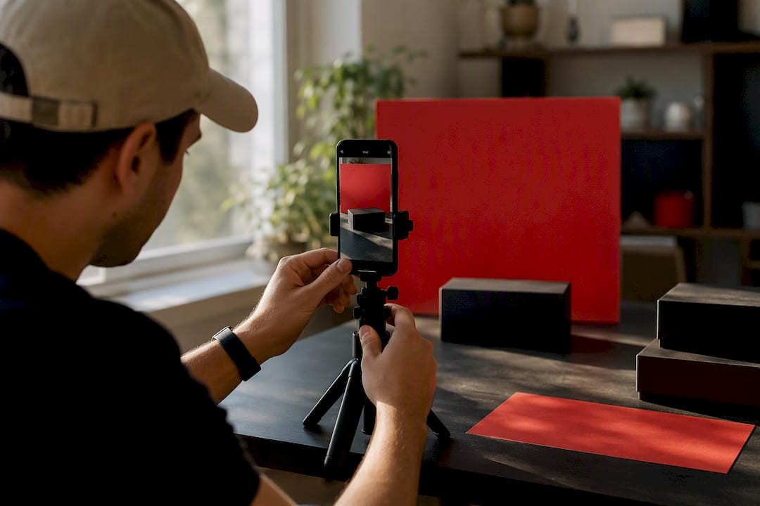 Hands adjusting smartphone filming setup