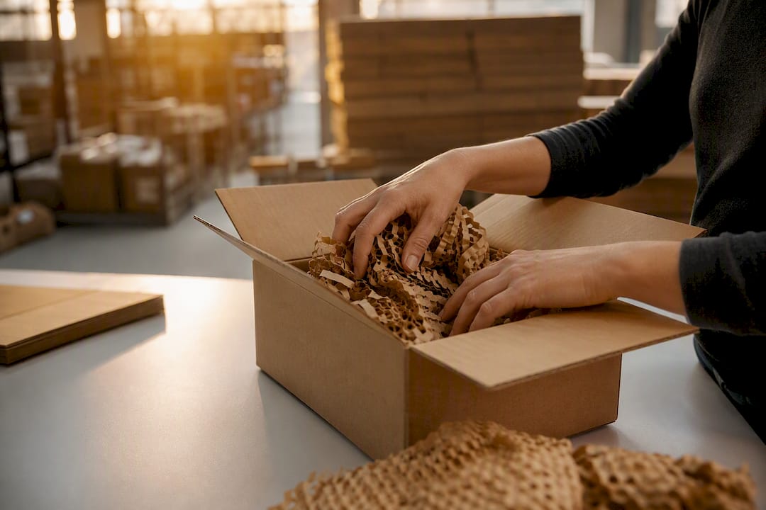 Hands packing shipping box in warehouse