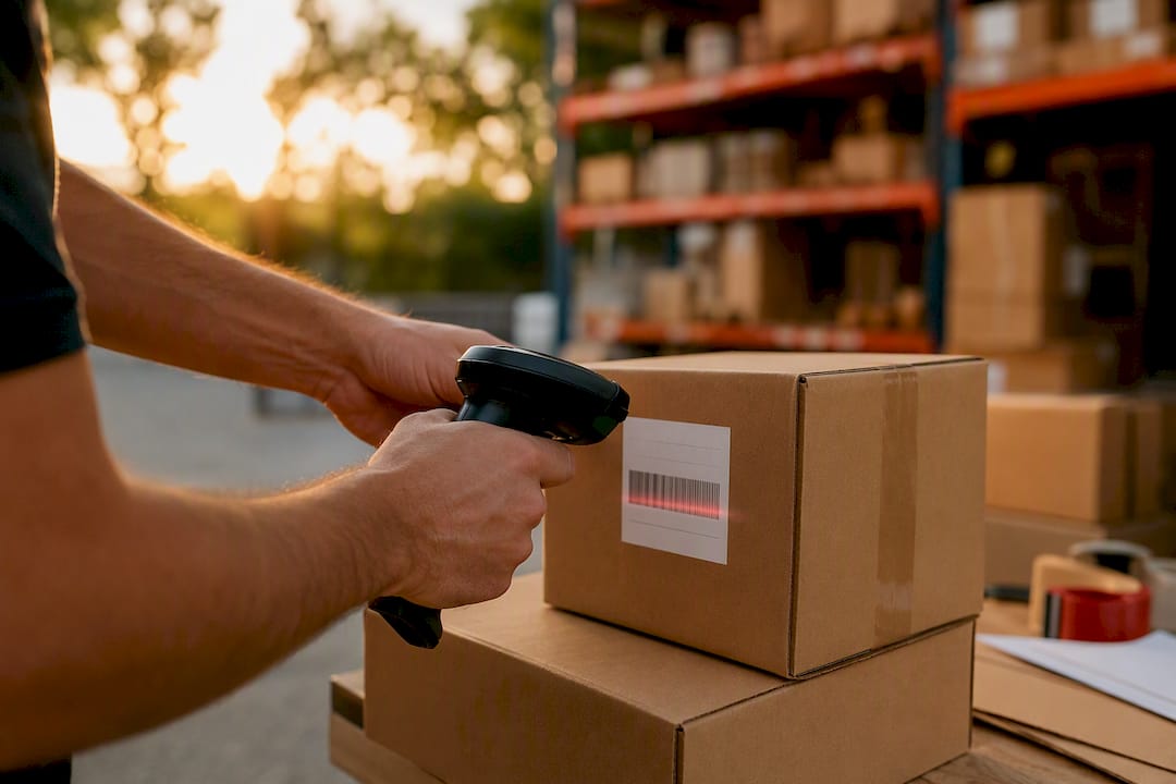 Hands scanning barcode on a box