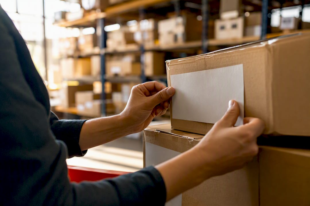 Hands inspecting packaging labels in inventory