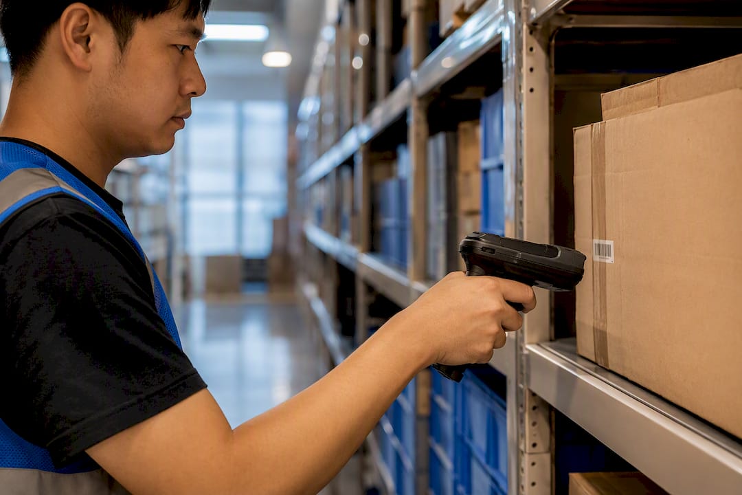 Warehouse associate scanning parcel barcode