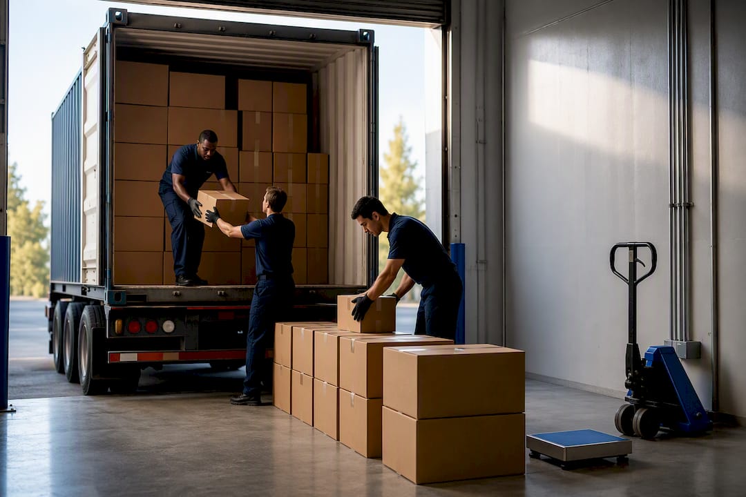 Workers unloading cartons at receiving dock