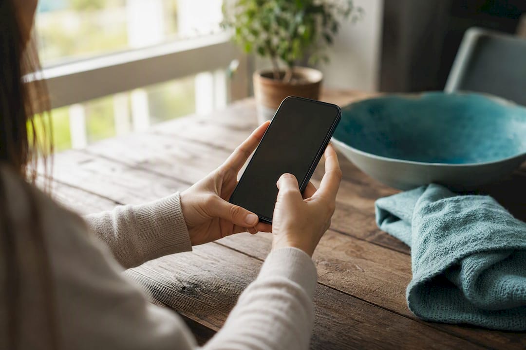Hands holding credit card near smartphone on white table