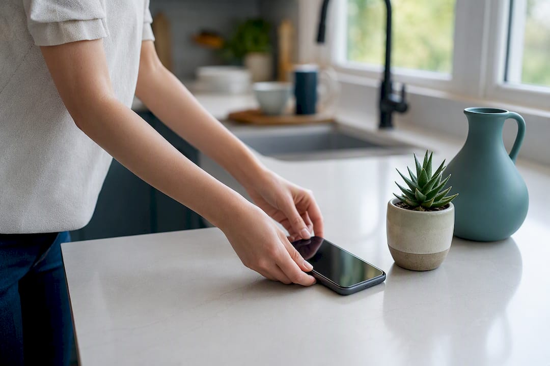 Hands placing smartphone on table carefully