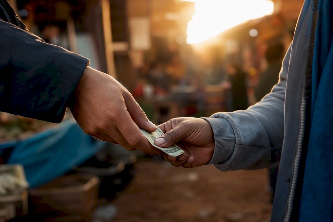 Hands exchanging cash in a secretive manner