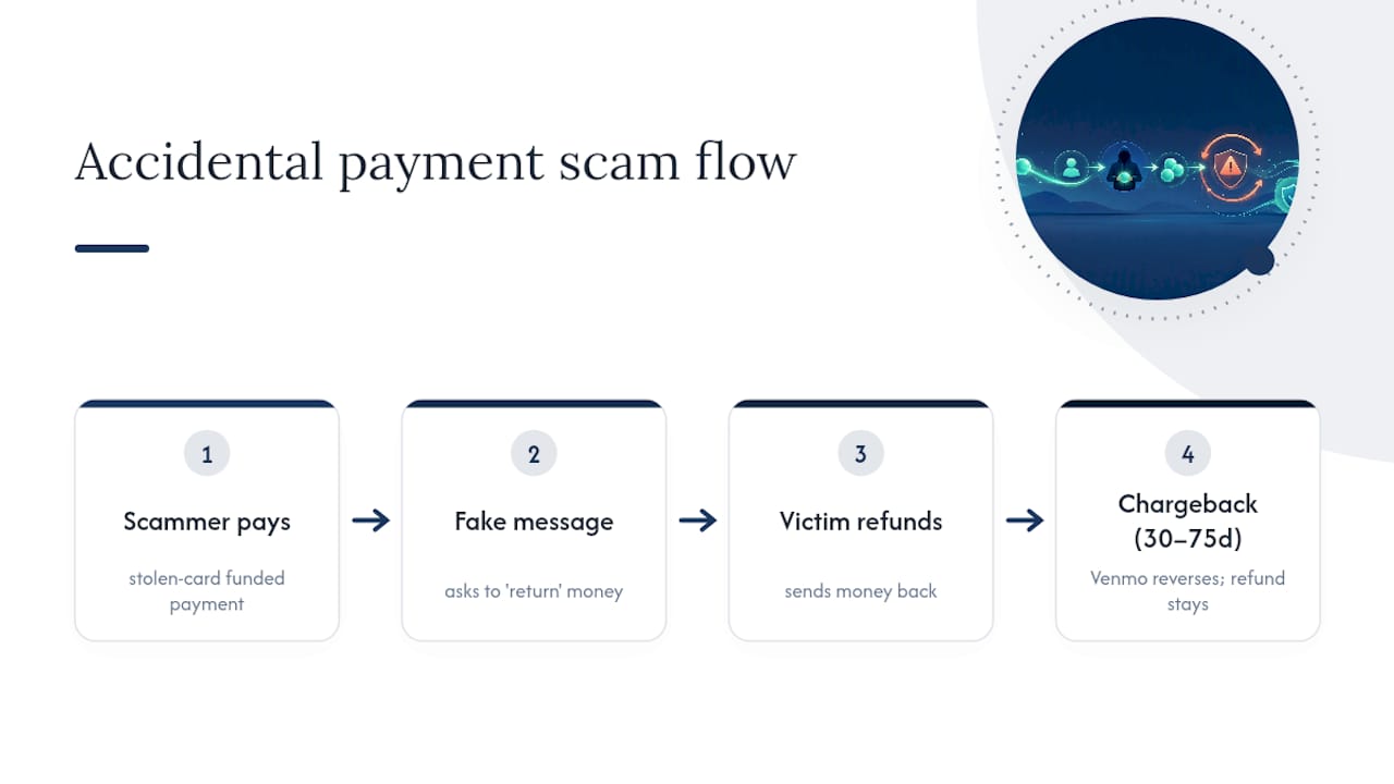 Step-by-step scam timeline showing chargeback process