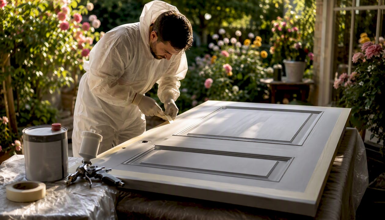 Hands masking composite door for respray preparation