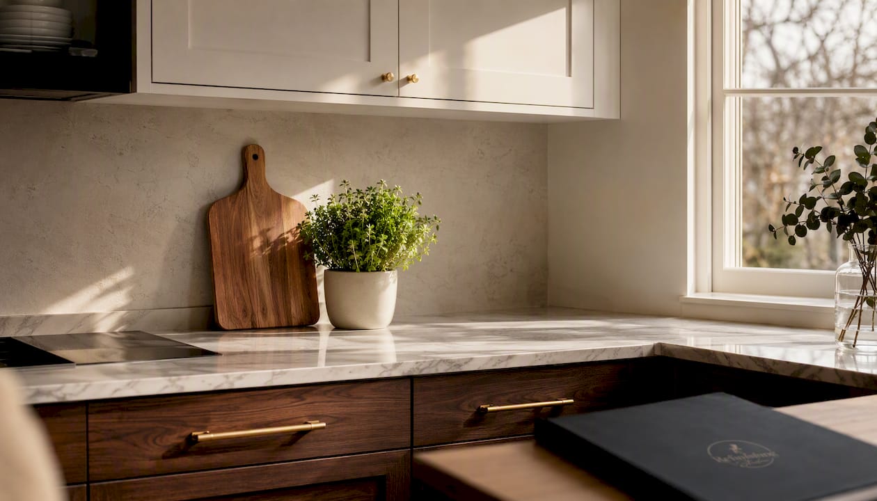 White and wood two tone kitchen cabinet detail