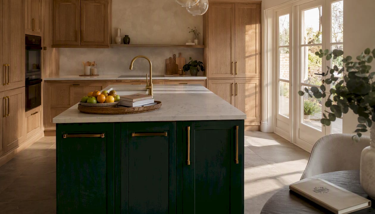 Natural wood perimeter with navy blue island kitchen