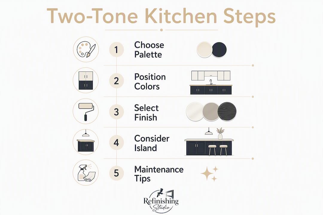 Infographic outlining two tone kitchen design steps