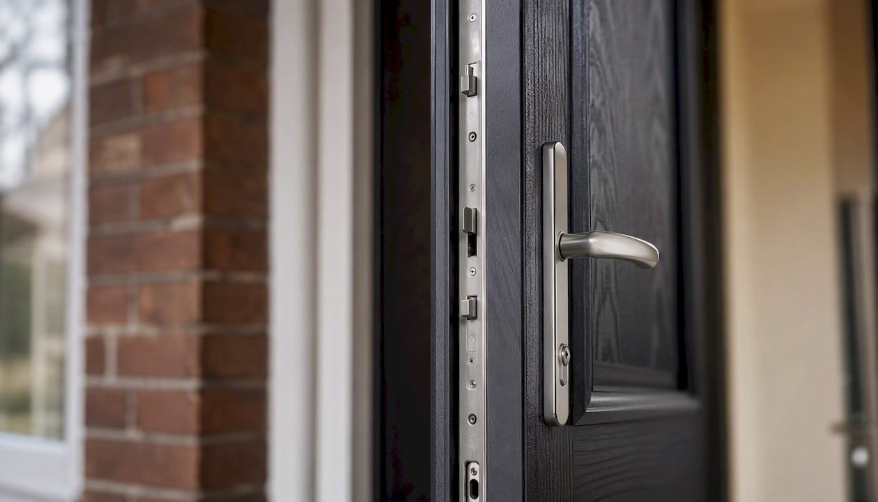 Security lock detail on composite front door