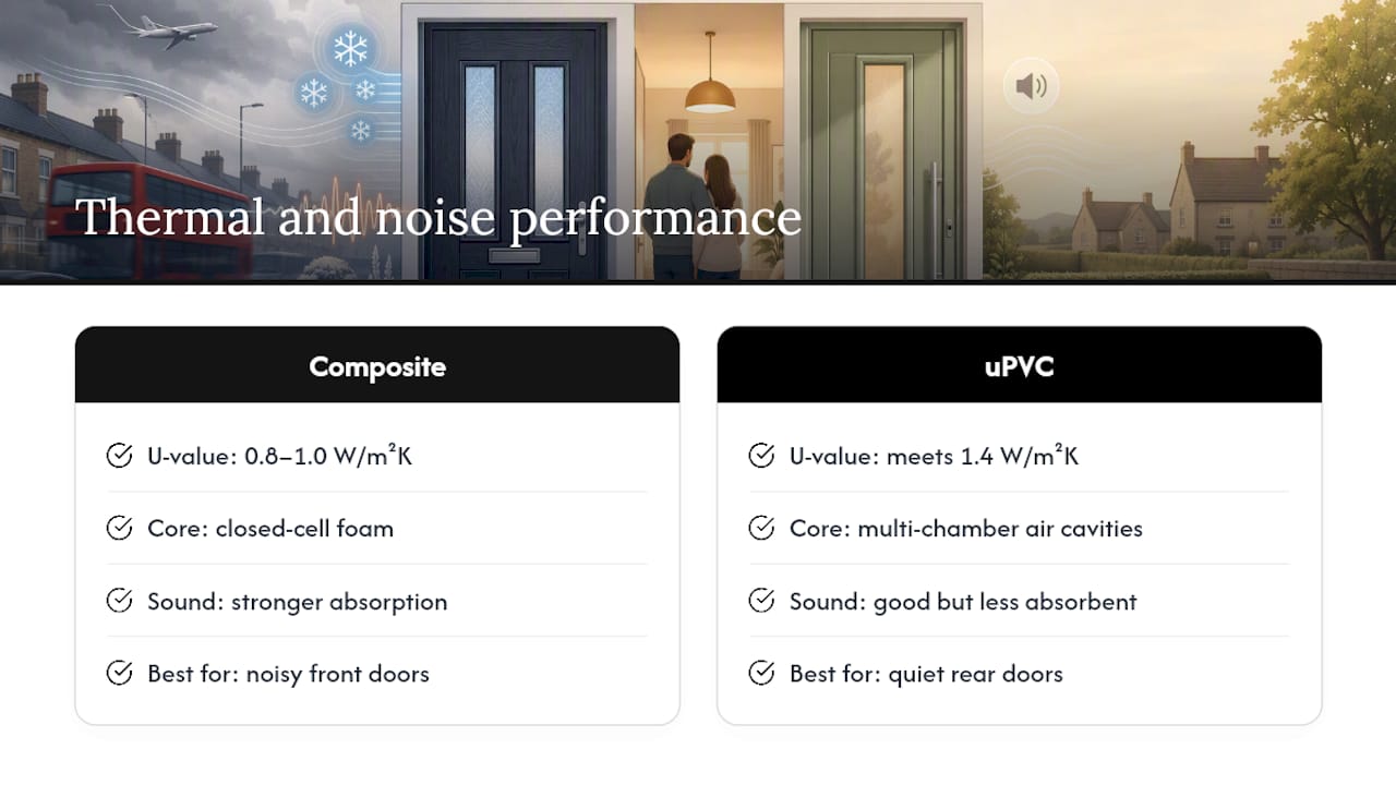 Diagram comparing thermal and noise insulation of composite vs uPVC doors
