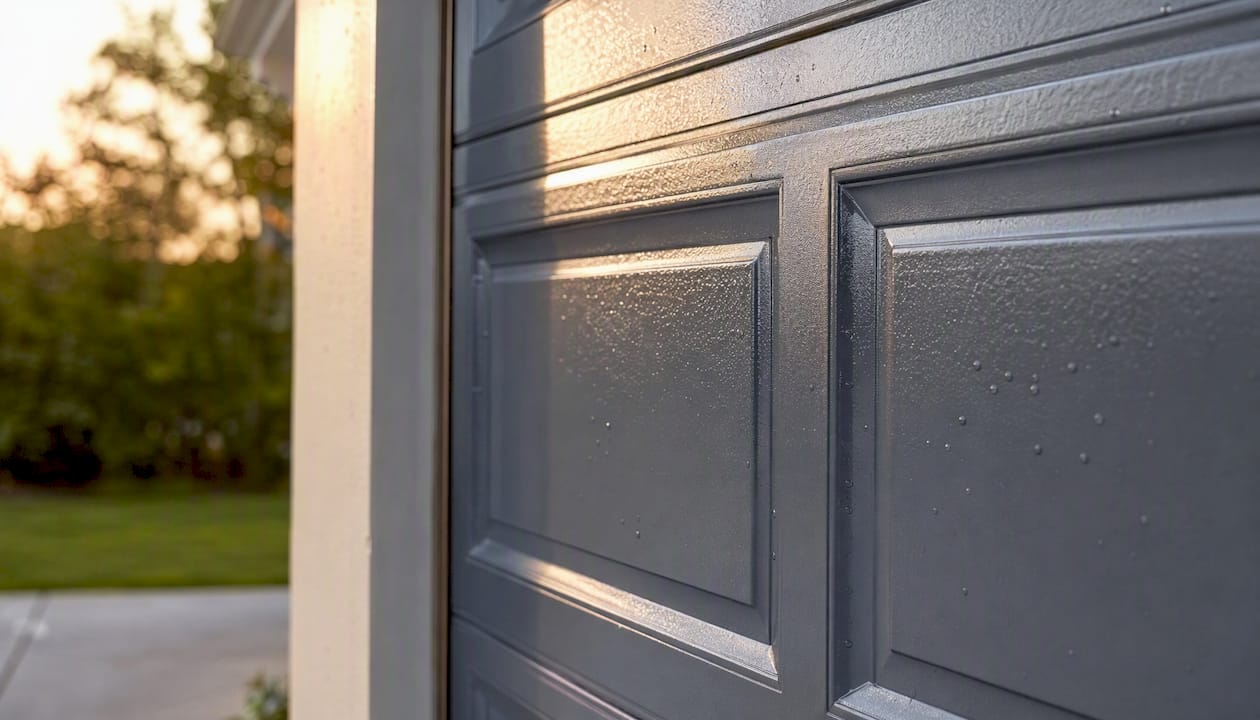Close-up garage door textured spray finish