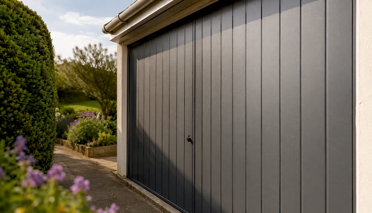 Finished resprayed double garage door anthracite