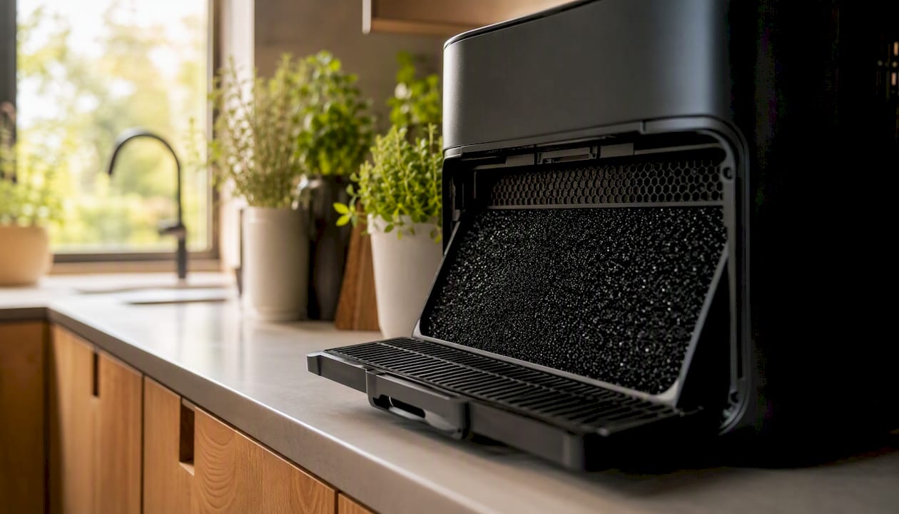 Activated carbon air purifier filter close-up indoors