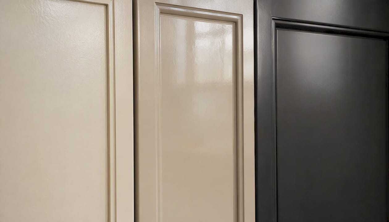 Close-up of melamine cabinet finishes side by side